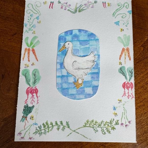 Other - Hand-Painted Farm Duck Watercolor Artwork - Blue Check Background